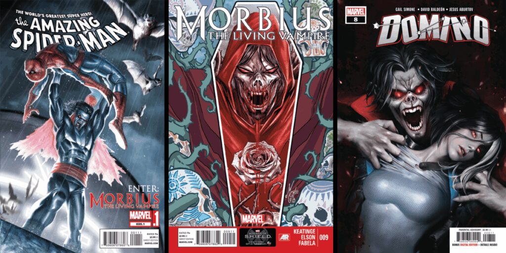 A detailed cover image of Morbius comic book with dark, horror-themed artwork and character illustra.
