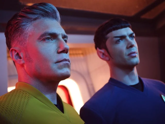 Ethan Peck as Spock and Anson Mount as Pike of the Paramount+ original series STAR TREK: STRANGE NEW WORLDS.