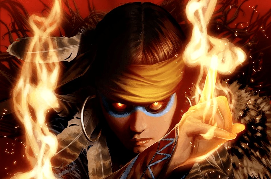 Marvel's Midnight Suns character with fiery powers and glowing eyes.