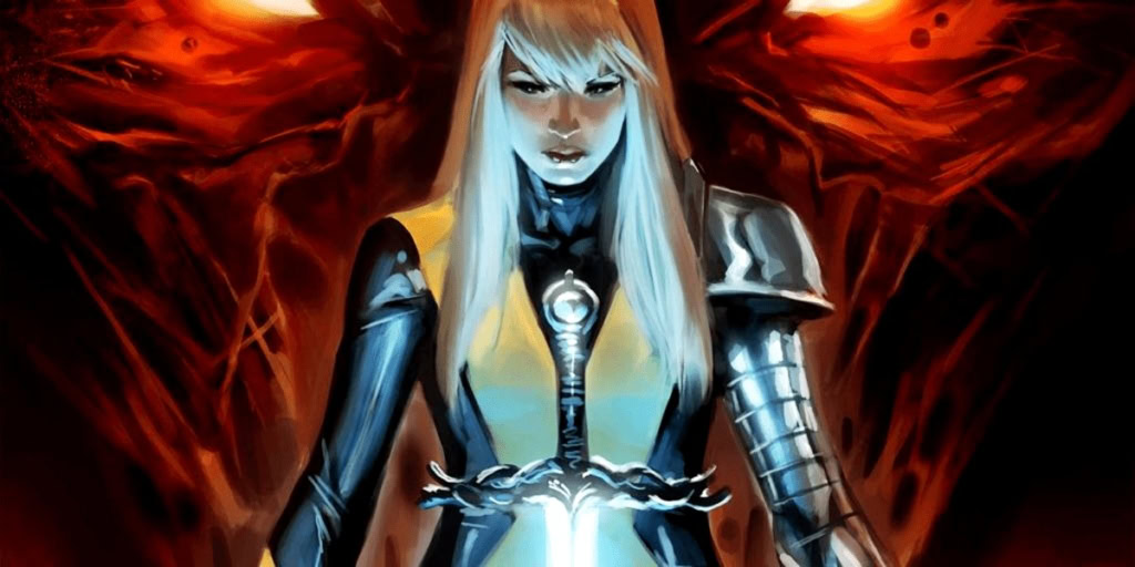 A fiery, armored female character with long blonde hair and glowing eyes, wielding a sword against a.