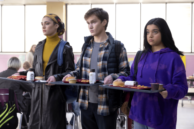 (L-R): Yasmeen Fletcher as Nakia; Matthew Lintz as Bruno, and Iman Vellani as Ms. Marvel/Kamala Khan in Marvel Studios' MS. MARVEL. Photo by Chuck Zlotnick. ©Marvel Studios 2022. All Rights Reserved.