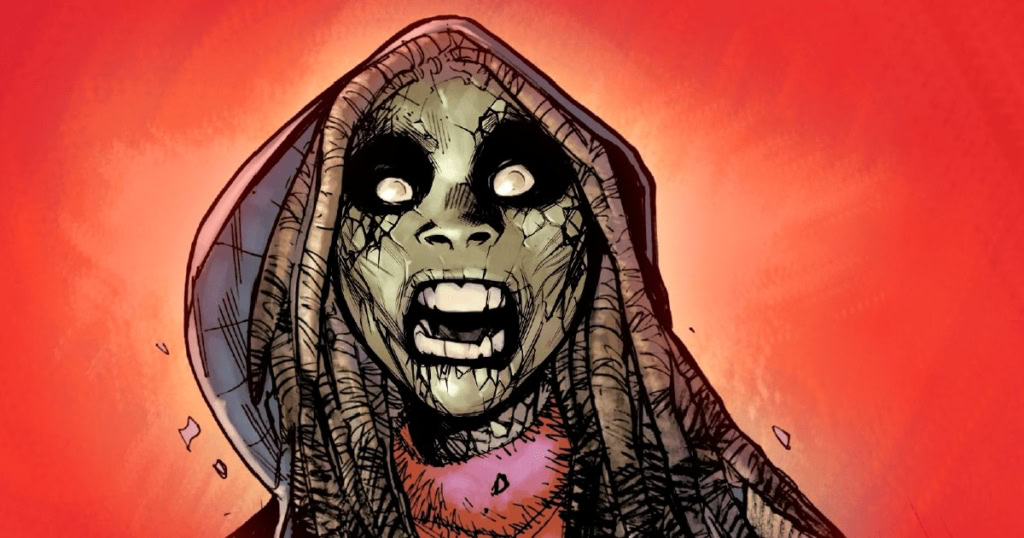 A haunting illustration of a zombie-like character with glowing eyes and decayed features, set again.