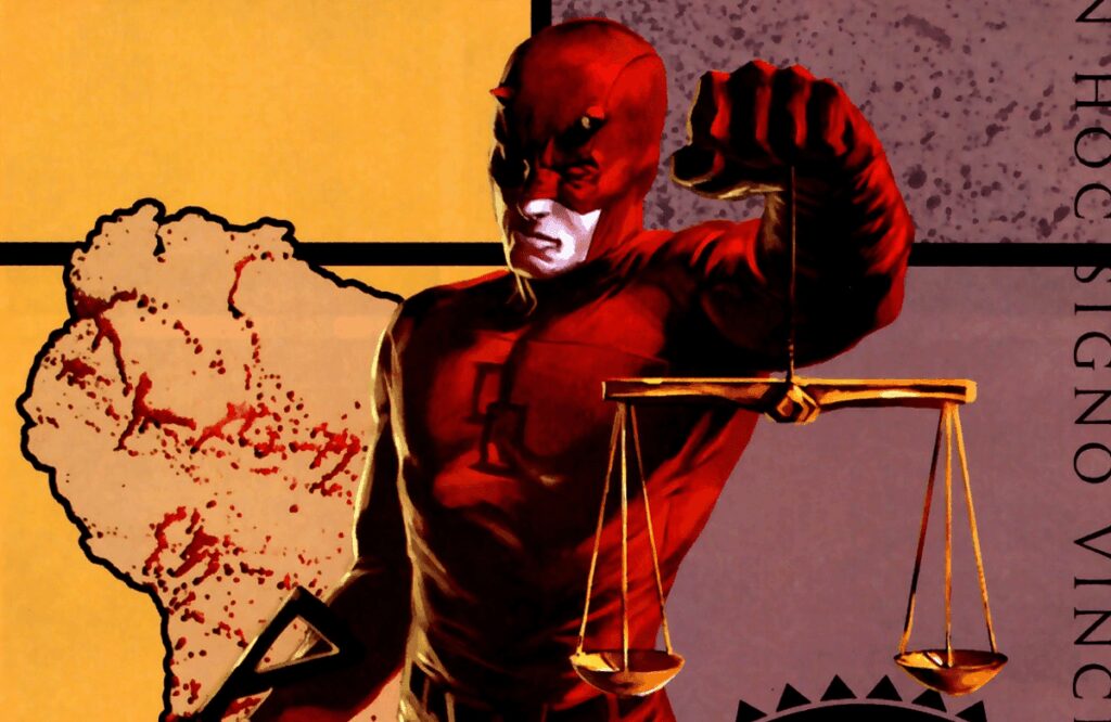 Daredevil comic book character holding scales, with a map and legal symbols in the background.