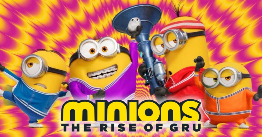 Minions characters from "Minions: The Rise of Gru" movie with colorful background.