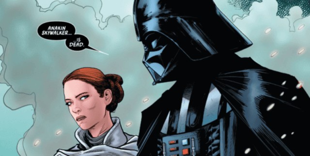 A Jedi and Darth Vader face off in a Star Wars scene, with snow falling around them.