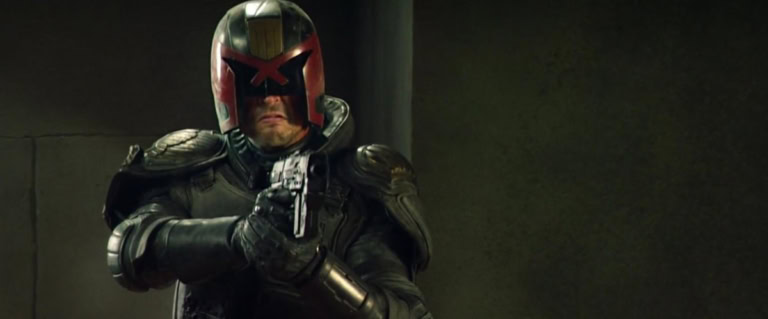 Karl Urban as Judge Dredd in his iconic armor from the film "Dredd" on its 10th anniversary.