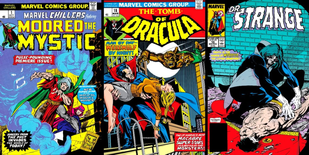 midnight-sons-comics-covers-1970s-1980s-1990s-rise-darkhold-werewolf-night-tomb-dracula-mordred-mystic-marvel-chillers-morbius-doctor-strange-sorcerer-supreme