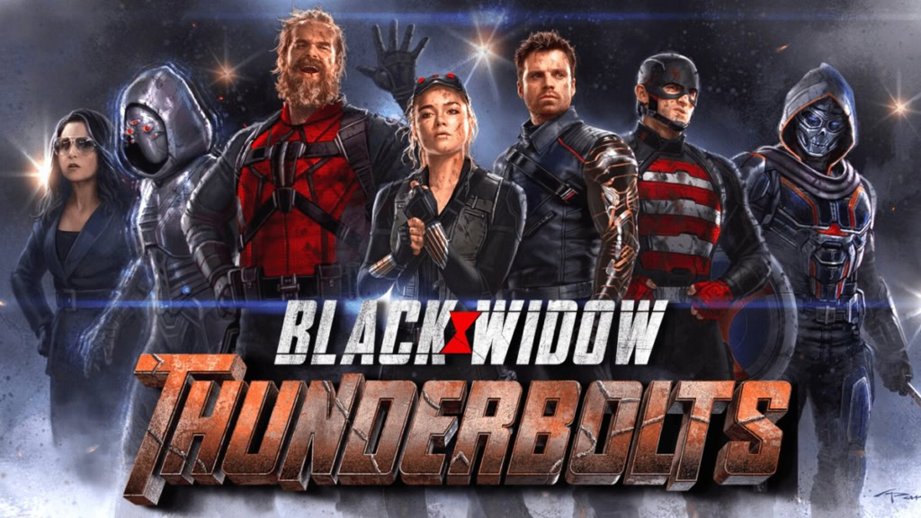 The 'Thunderbolts' team for the 2024 MCU film, with the 'Black Widow' logo placed above the 'Thunderbolts' logo.