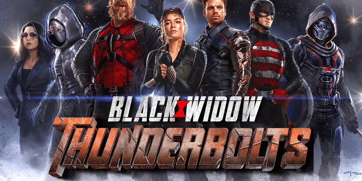 The 'Thunderbolts' team for the 2024 MCU film, with the 'Black Widow' logo placed above the 'Thunderbolts' logo.