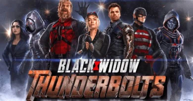 The 'Thunderbolts' team for the 2024 MCU film, with the 'Black Widow' logo placed above the 'Thunderbolts' logo.