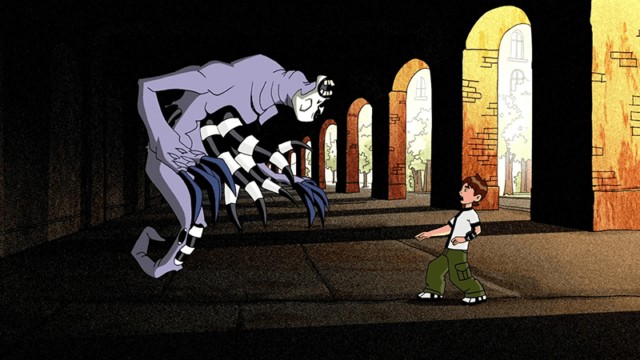 A haunting creature confronts a young boy in a dark, eerie corridor with arched windows, perfect for.