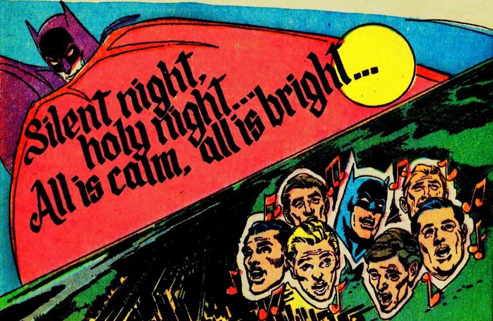 Bright comic book style illustration of superheroes and villains with a speech bubble reading "Silen.