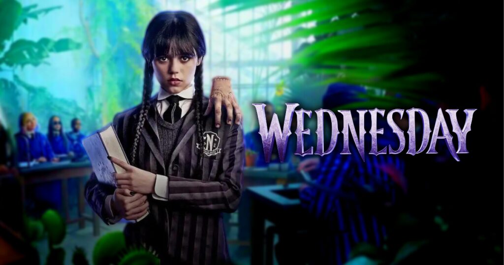 A detailed, creepy scene featuring Wednesday Addams in her school uniform, with the word "Wednesday".
