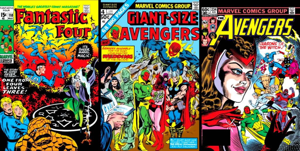 An SEO-friendly ALT tag: Vintage Marvel comic book covers featuring Fantastic Four, Avengers, and Th.