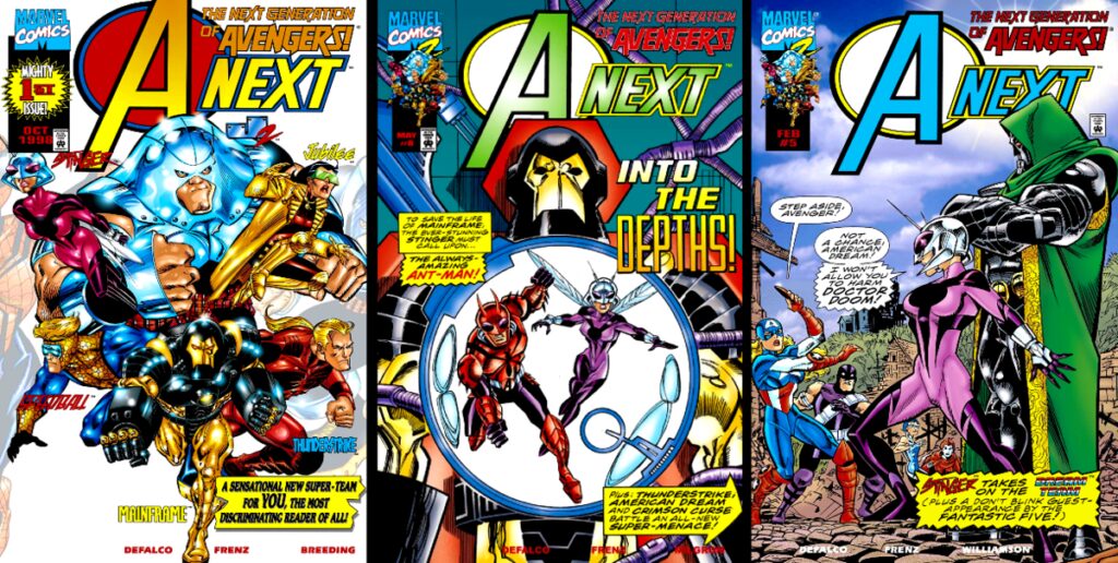 A vibrant comic book cover featuring Marvel's Avengers Next characters in dynamic poses.