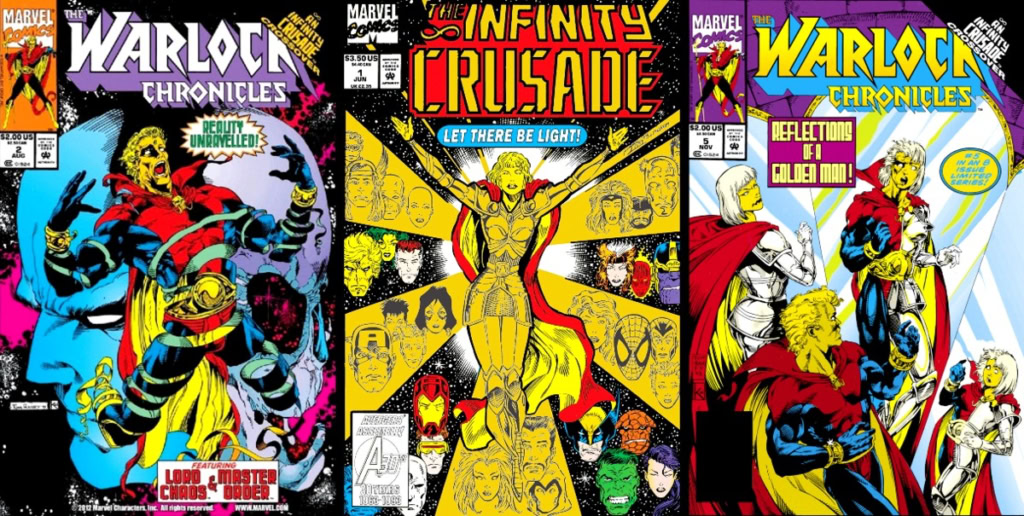 A colorful collage of Warlock comic book covers featuring Adam Warlock, Infinity Crusade, and relate.