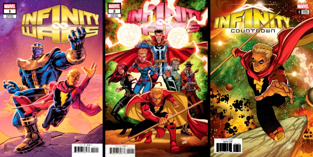 Marvel Infinity Countdown comic book covers featuring Adam Warlock and team.