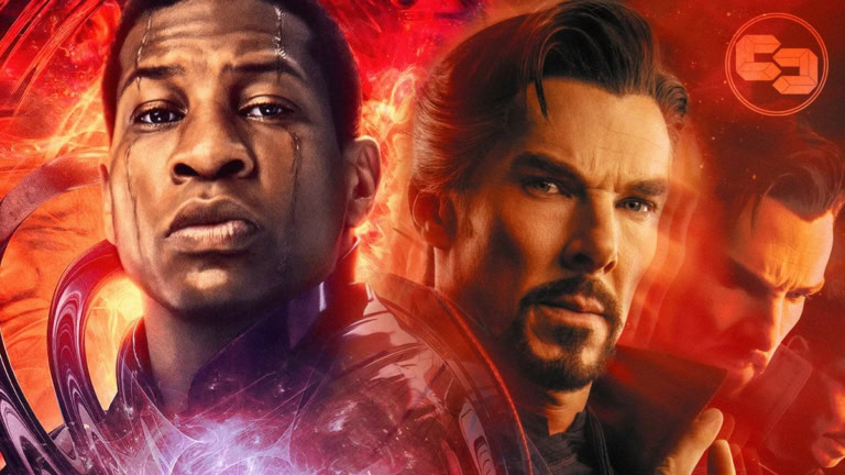 A powerful Marvel multiverse scene featuring Doctor Strange, Kang, and other characters with fiery b.