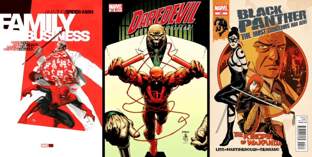 A comic book cover featuring Kingpin reading a guide, with Daredevil and Black Panther in the backgr.