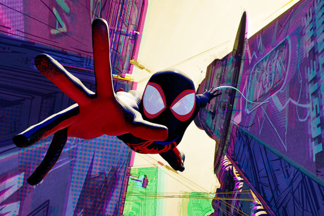 Miles Morales swinging through the city in Spider-Man: Across the Spider-Verse.