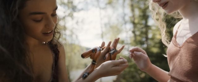 Lucy Gray holds a snake (songbirds and snakes)