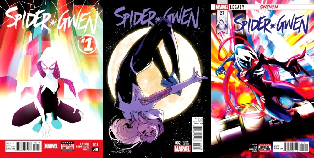 Spider-Gwen comic book covers featuring her in dynamic poses and vibrant colors.