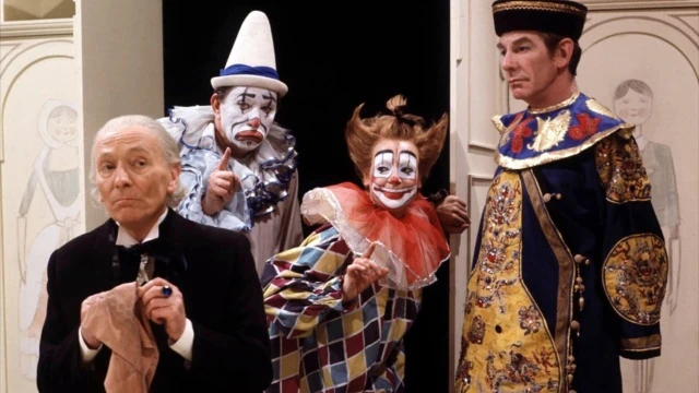 The First Doctor and the Toymaker, with two of the Toymaker’s clowns.