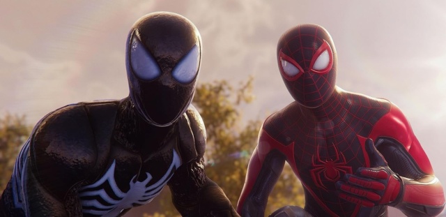 Peter Parker in Venom Suit and Miles Morales in Marvel's Spider-Man 2