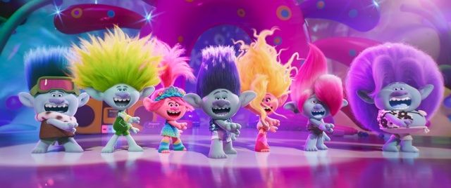 John Dory (Eric André), Clay (Kid Cudi), Poppy (Anna Kendrick), Branch (Justin Timberlake), Viva (Camila Cabello), Floyd (Troye Sivan) and Spruce (Daveed Diggs) in Trolls Band Together, directed by Walt Dohrn. (Universal)