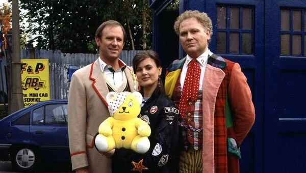 Peter Davison, Sophie Aldred, and Colin Baker for 1993 "Children in Need."