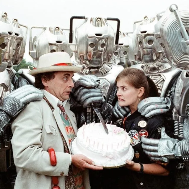 Sylvester McCoy and Sophie Aldred in promotional images for “Silver Nemesis”