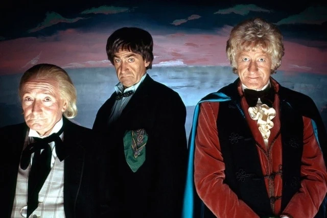William Hartnell, Patrick Troughton, and Jon Pertwee in a promotional shoot for “The Three Doctors”
