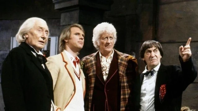 Richard Hurndall, Peter Davison, Jon Pertwee, and Patrick Troughton in “The Five Doctors”