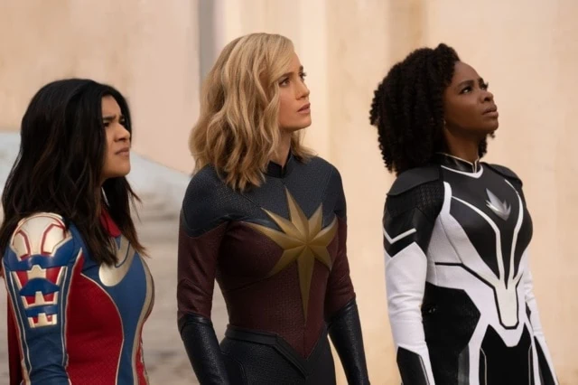 Ms. Marvel (Iman Vellani), Captain Marvel (Brie Larson), and Photon (Teyonah Parris) in 'The Marvels'