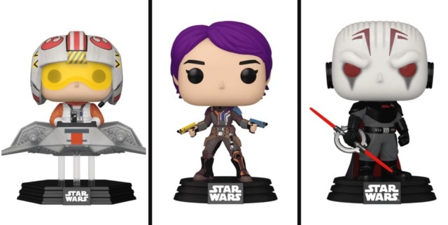 Luke in his X-Wing, Sabine Wren, The Grand Inquisitor. Funko Pop