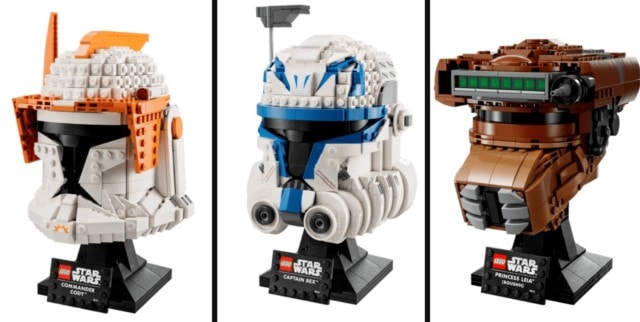 Commander Cody, Captain Rex, and Bounty Hunter Leia helmet Lego