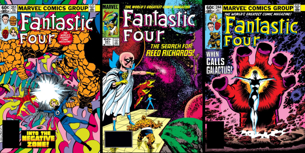 A colorful collage of three Fantastic Four comic book covers from 1961-1998, showcasing classic Marv.