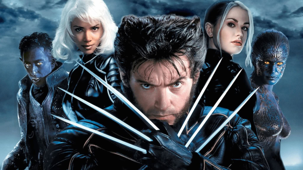 A powerful image of Wolverine and the X-Men with striking blue and black costumes, emphasizing super.