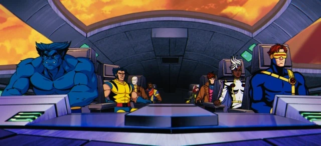 (L-R): Beast (voiced by George Buza), Wolverine (voiced by Cal Dodd), Morph (voiced by JP Karliak), Bishop (voiced by Isaac Robinson-Smith), Rogue (voiced by Lenore Zann), Gambit (voiced by AJ LoCascio), Storm (voiced by Alison Sealy-Smith), Cyclops (voiced by Ray Chase) in Marvel Animation's X-MEN '97.