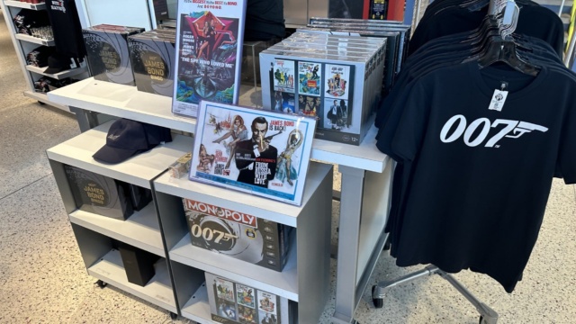 Merchandise stand with James Bond branded memorabilia
