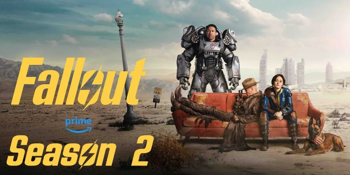 Aaron Moten as Maximus in Power Armor, Walton Goggins as the Ghoul on a couch with Ella Purnell's Lucy MacLean