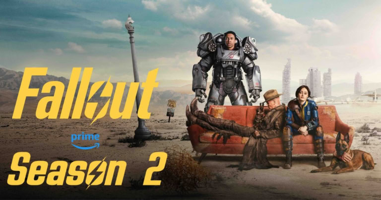 Aaron Moten as Maximus in Power Armor, Walton Goggins as the Ghoul on a couch with Ella Purnell's Lucy MacLean