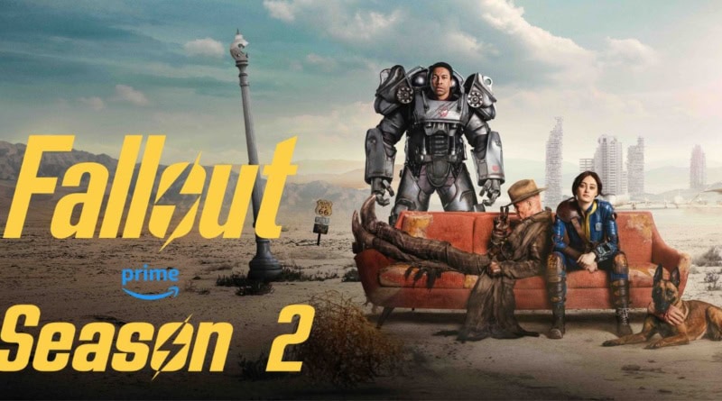 Aaron Moten as Maximus in Power Armor, Walton Goggins as the Ghoul on a couch with Ella Purnell's Lucy MacLean