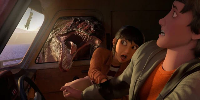 Ben and Yaz in danger from a dinosaur in Jurassic World Chaos Theory