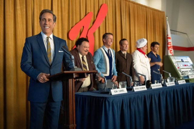 (L to R) Jerry Seinfeld (Director) as Bob Cabana, Adrian Martinez as Tom Carvel, Jack McBrayer as Steve Schwinn, Thomas Lennon as Harold Von Braunhut, Bobby Moynihan as Chef Boyardee and James Marsden as Jack LaLanne in Unfrosted.