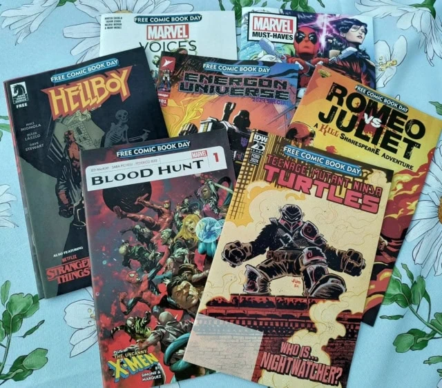 Free Comic Book Day 2024 Blood Hunt, Romeo Vs Juliet, Teenage Mutant Ninja Turtles, Energon Universe, Hellboy Marvel Voices, Avengers