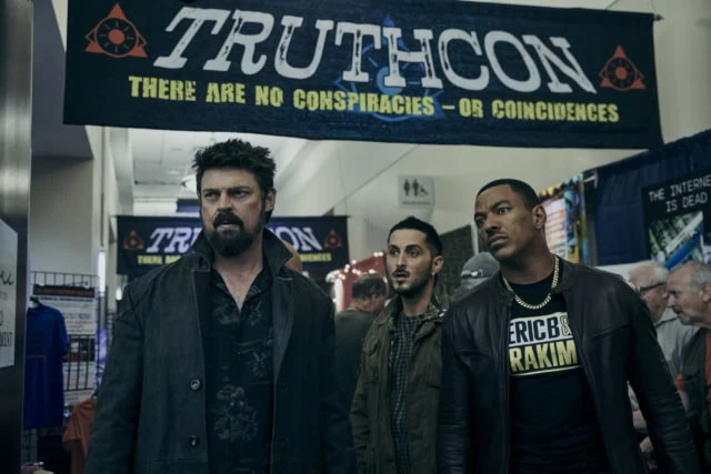 Billy Butcher (Karl Urban), Frenchie (Tomer Capone) and Marvin Milk (Laz Alonso) at Truthcon