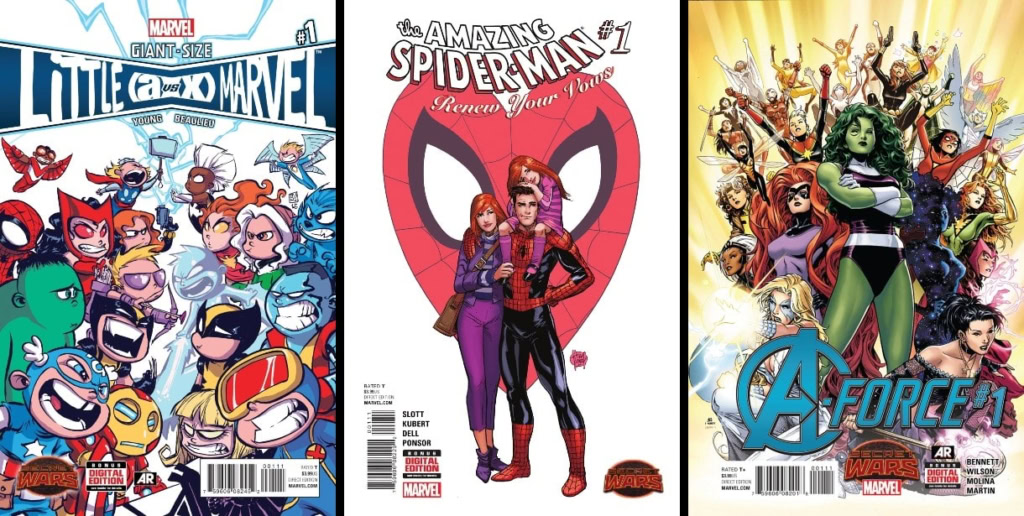 Little Marvel comic cover with diverse characters, Spider-Man, and Avengers in the background.