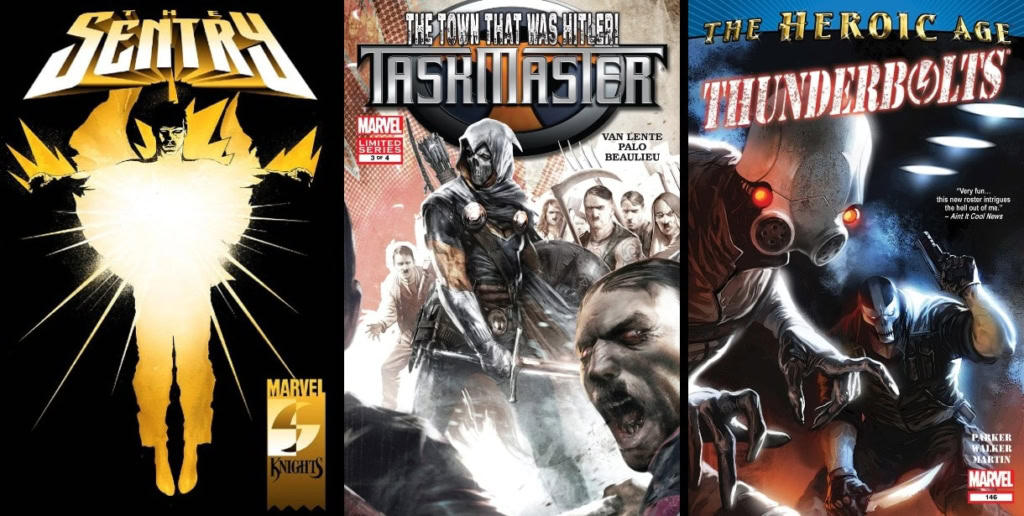 A detailed comic book cover featuring Thunderbolts, Tasmaster, and Sentury characters from Marvel co.