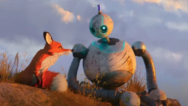 Fink (Pedro Pascal) and Roz (Lupita Nyong'o) in The Wild Robot